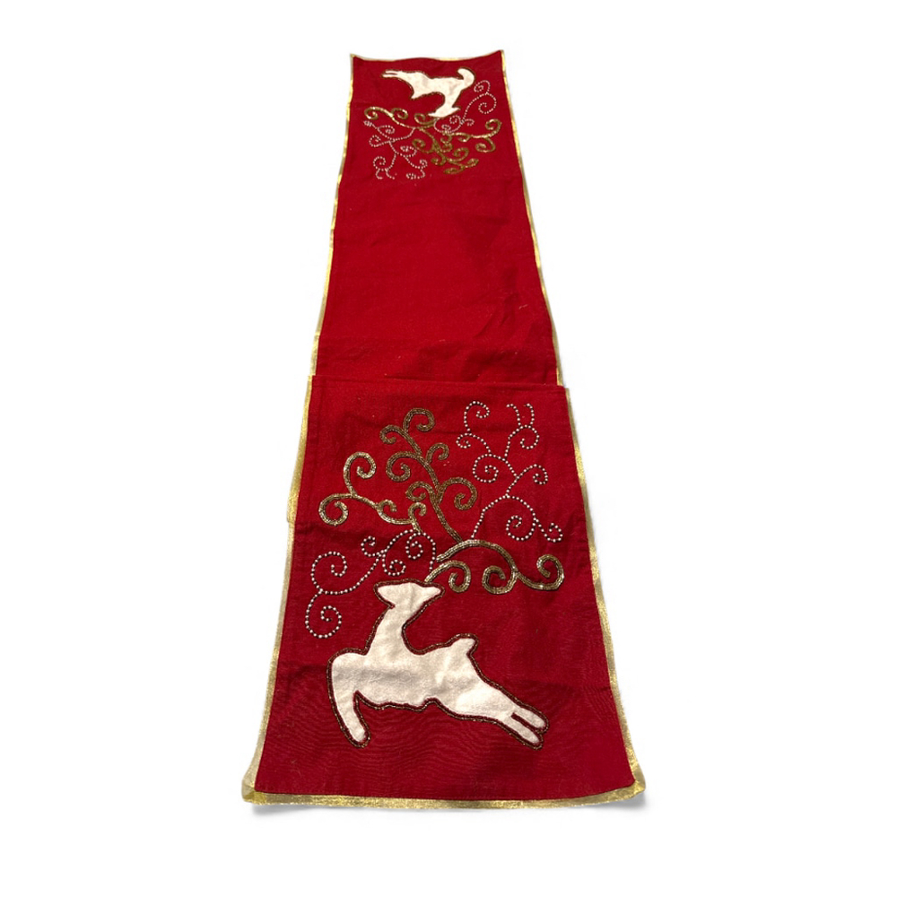 BELLA LUX Red Gold Christmas Table Runner Beaded Reindeer Swirls Lattice 72”